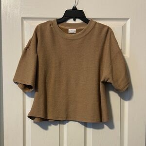 Relex Tan Ribbed Short Sleeve Top. Cropped